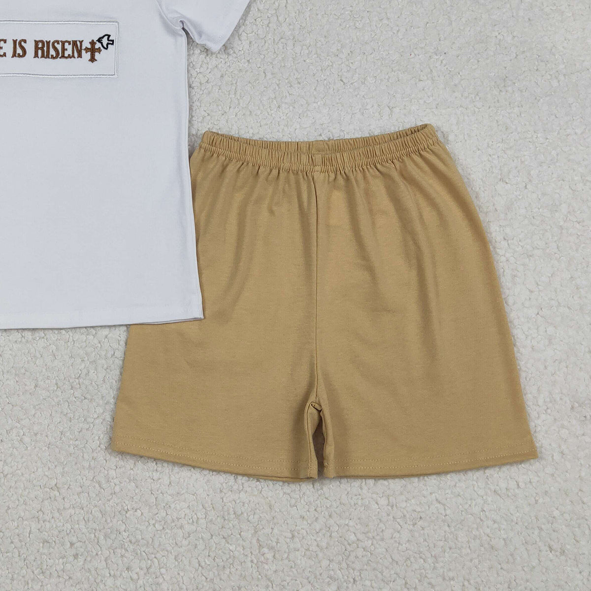 12.24 RTS NO MOQ （In stock）BSSO1674 Embroidery Crosses He is Risen Baby Boys Top Shorts Easter Clothes Sets