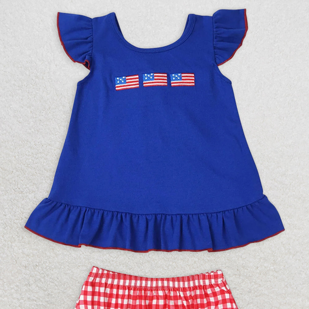 GBO0311 RTS NO MOQBaby Girls Summer Outfits Embroidery Baby Girls Boys 4th Of July Flags Sibling Clothing Sets
