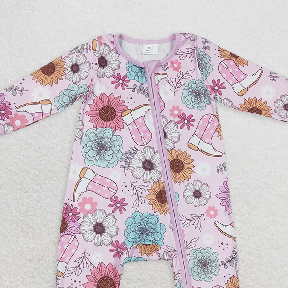 5.17   LR0801 RTS NO MOQ Baby Girls Winter Rompers Pink flower boots western baby girls zipper romper