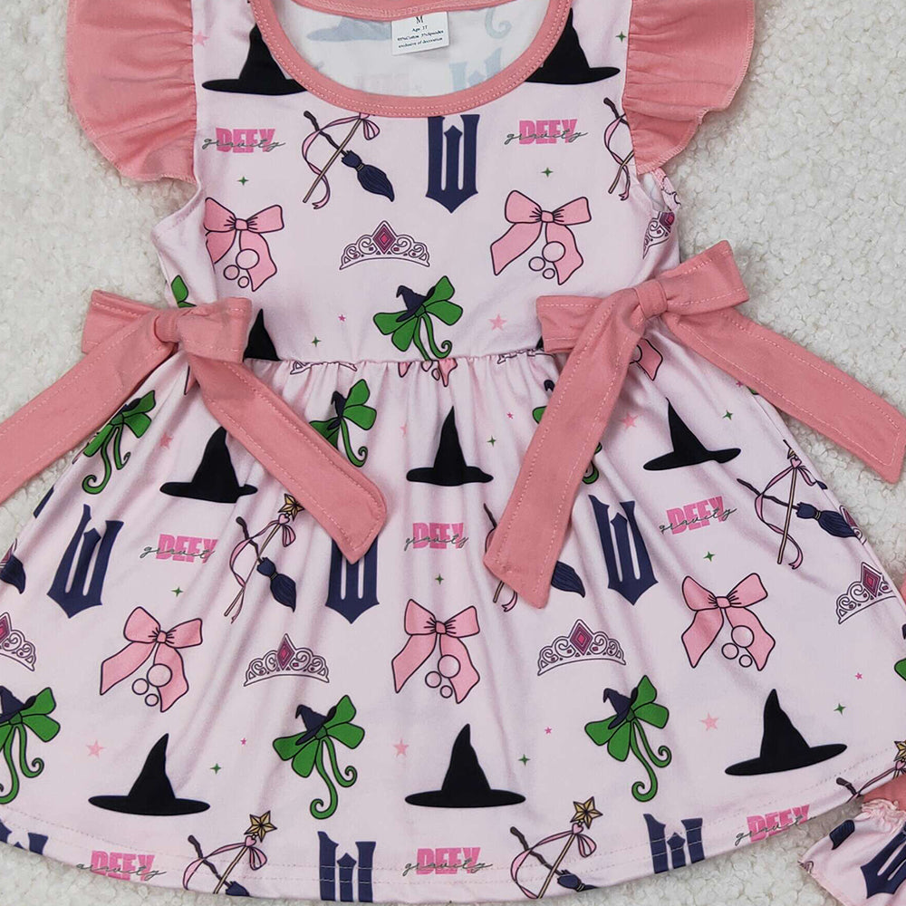4.17 GSSO2006 RTS NO MOQ Cartoon witch hat crown pink lace bow pattern flying sleeve shorts suit