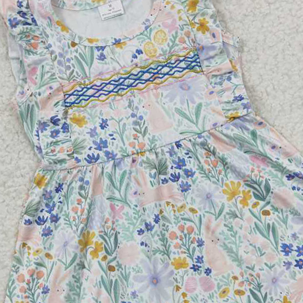 5.19 GSD0272 RTS NO MOQ Flutter sleeves rabbit floral embroidery baby girls dresses
