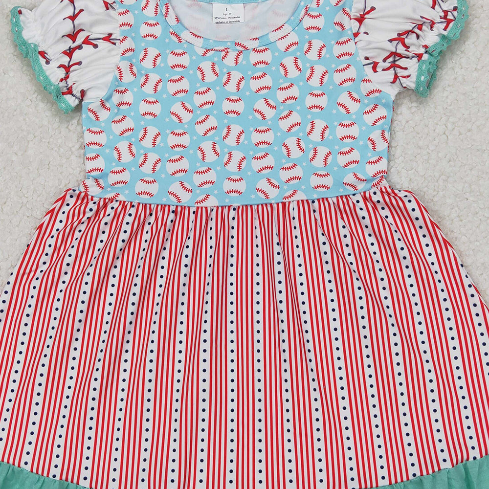 4.08 GSD1749 RTS NO MOQ Baby Girls Summer Dress Aqua Short Ruffle Sleeves Baseballs Print Red Stripe Lace Dresses