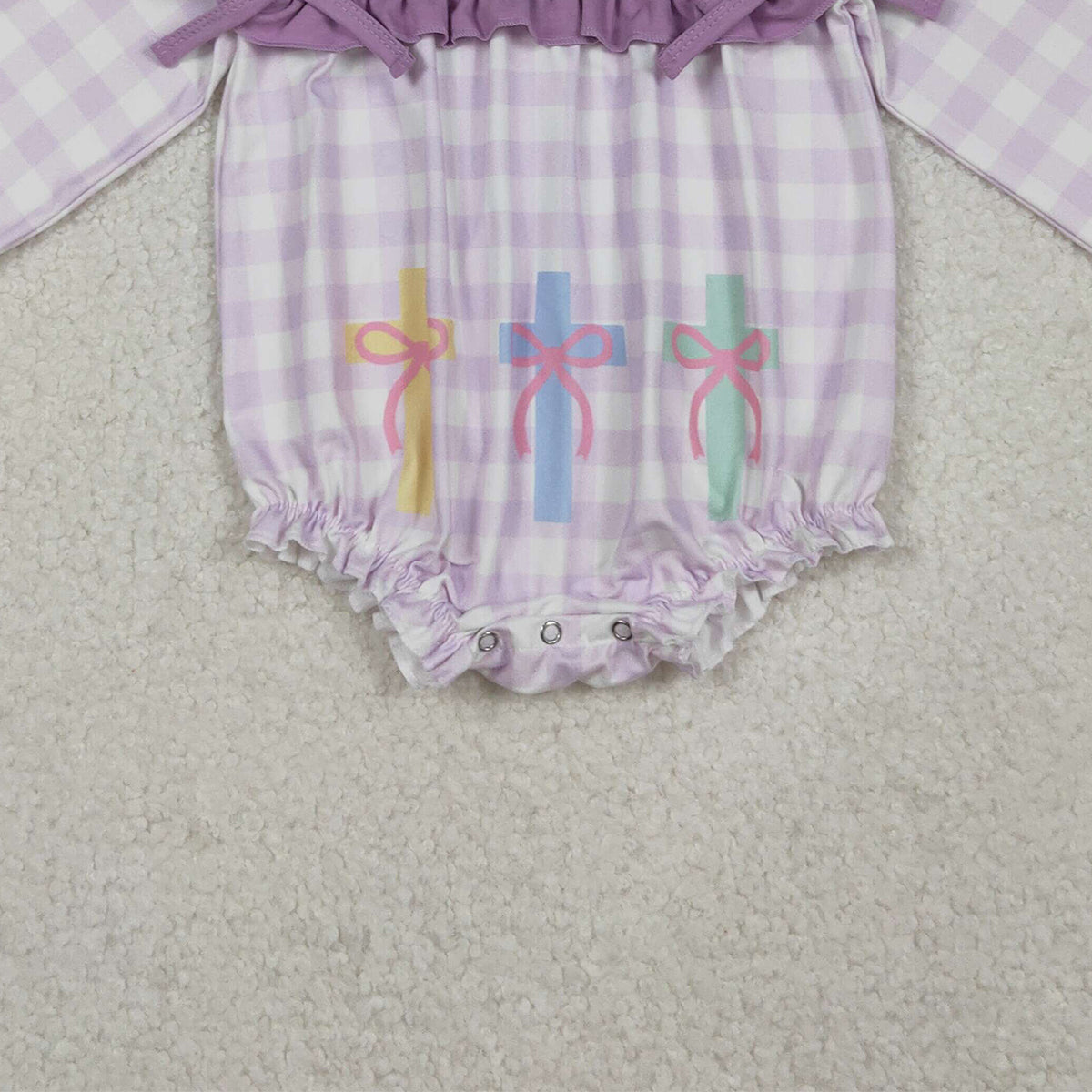 10.17 RTS NO MOQ （In stock）LR2740 Baby Girls Winter Rompers Baby Girls Lavender Checked Jesus Love Me Cross Ruffle Rompers