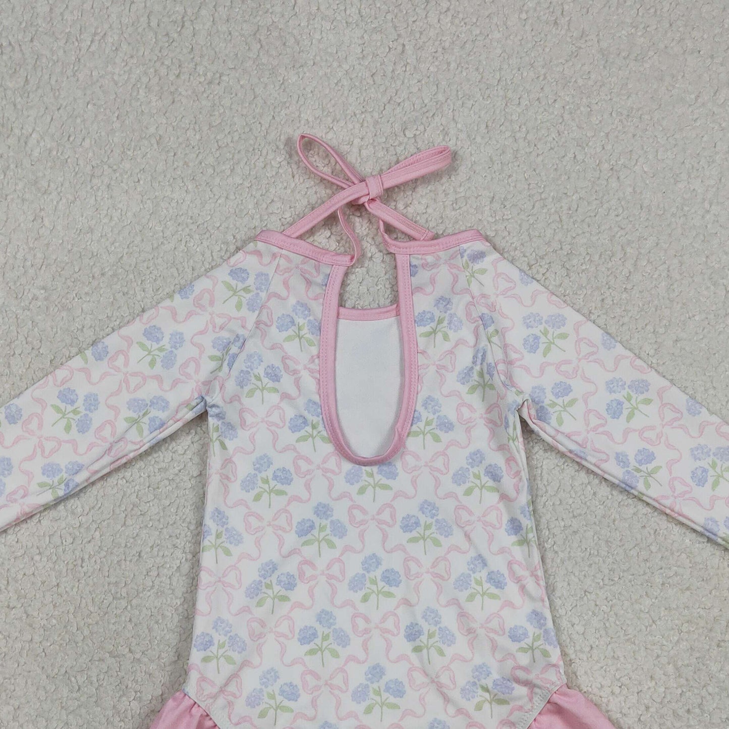 S0655 RTS NO MOQ （In stock ）Long sleeves bow floral baby girls one piece swimsuit