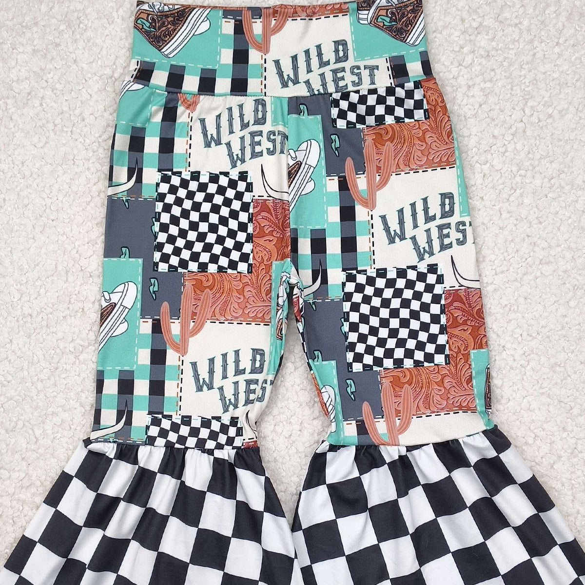 P0751 RTS NO MOQ Baby Girls Pants Wild West Bull Skull Plaid Western Girls Bell Bottom Pants Unique Cowgirl Style Clothing