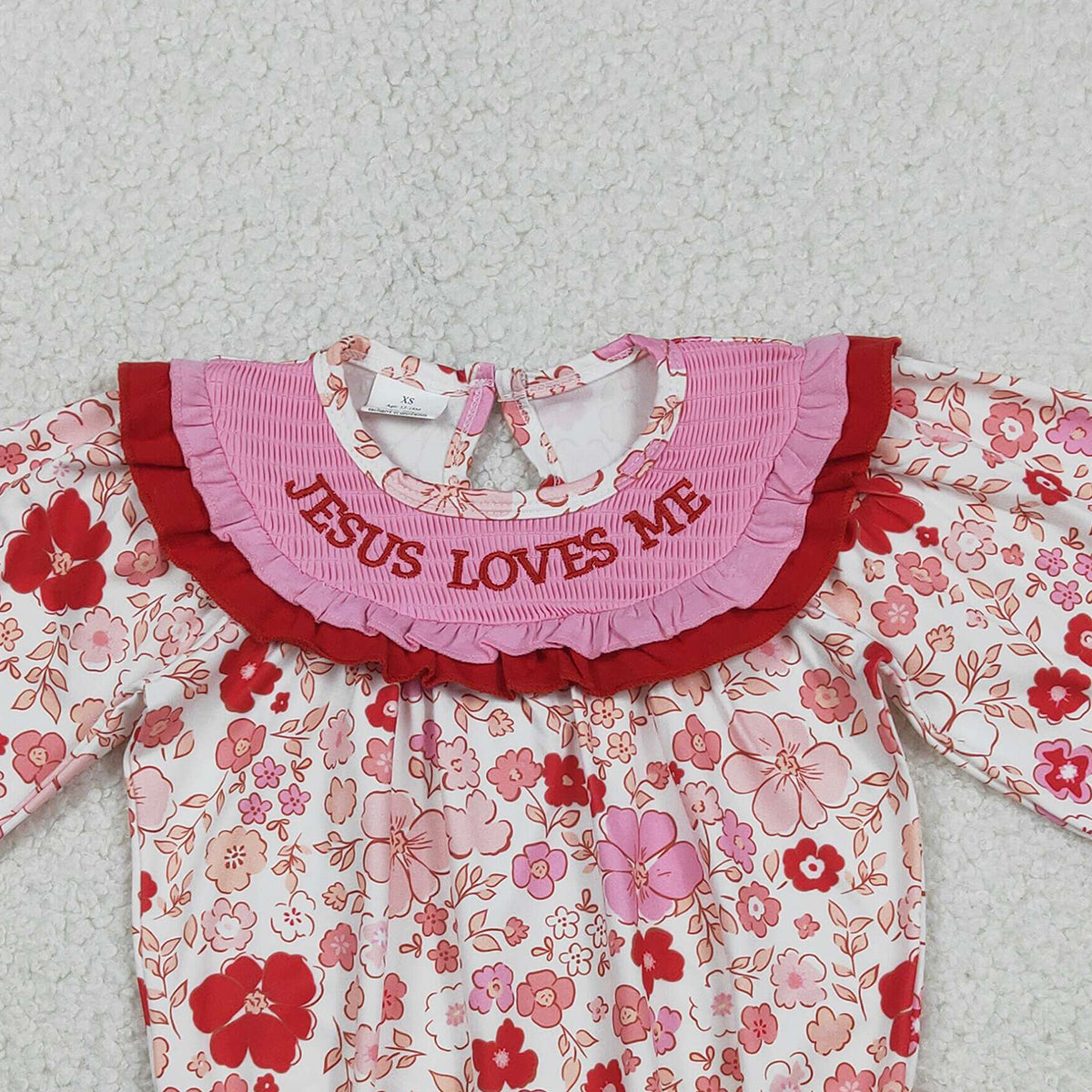 12.29 RTS NO MOQ （In stock）LR2769 Baby Girls Winter Rompers Smocked Jesus Love Me Baby Girls Flowers Ruffle Rompers