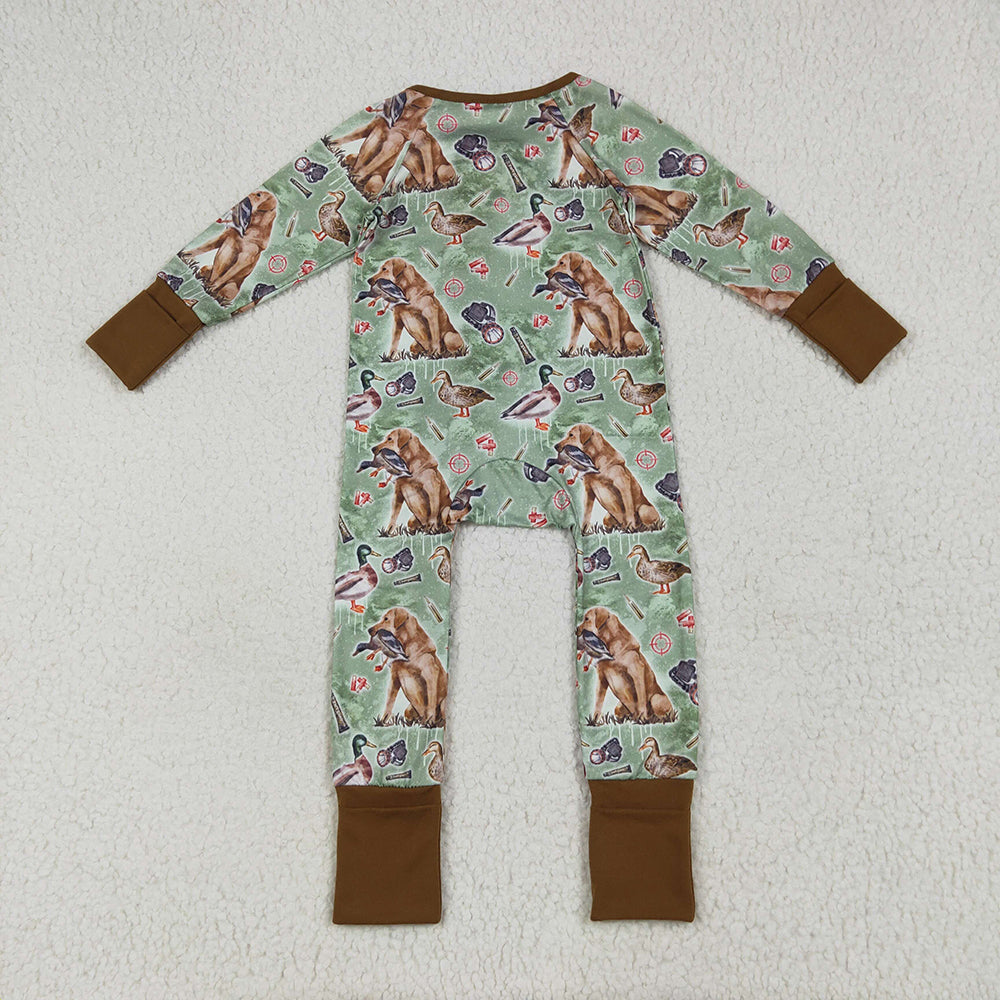 RTS NO MOQ （In stock）LR2234 Baby Boys Winter Rompers Baby Boys Green Dog Ducks Hunting Zipper Footie Rompers