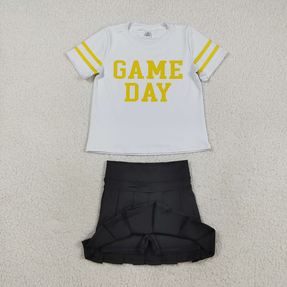 RTS NO MOQ （In stock）GT1115+GLK0087 Baby Girls Summer Outfits Baby Girls White gold short sleeves game day kids girls activewear top Black Yoga Active Wear Pleated Skirts Sets