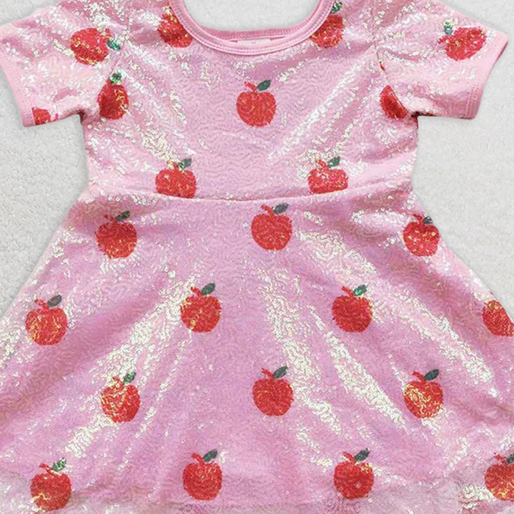 GSD0437 RTS NO MOQ Children Clothes Girls  Kids Dress Red Apple Sequin Pink Short Sleeve Dress