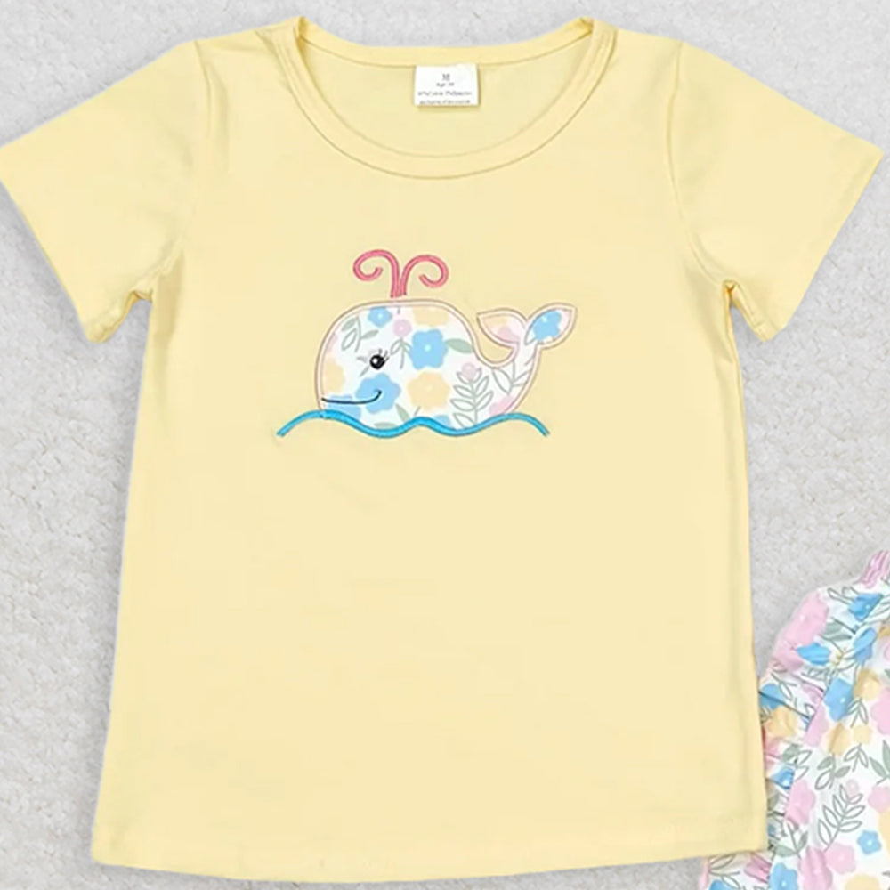 GSSO0765RTS NO MOQ Baby Girls Summer Outfits  Embroidered flower whale yellow short-sleeved shorts set