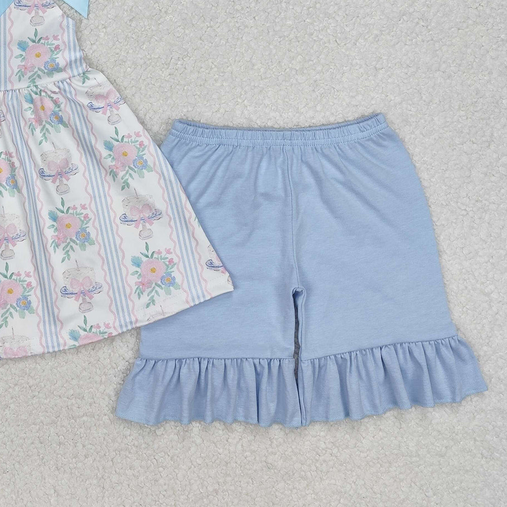 GSSO2087Light Blue Straps Floral Cake Bow Girls Birthday Clothes Cute Feminine Design for Children's Party Outfit