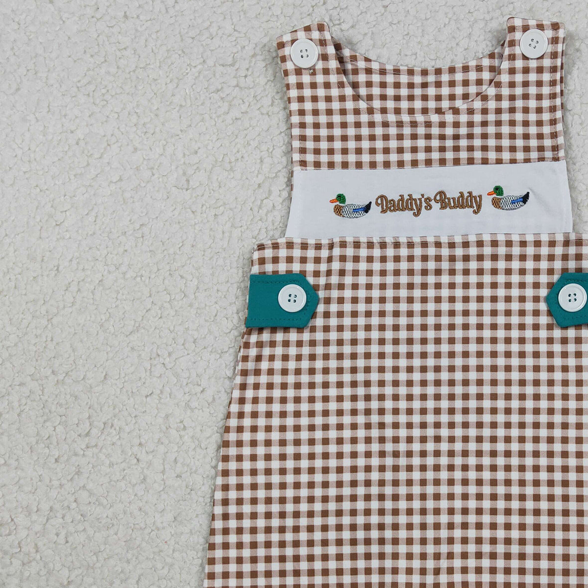3.26 RTS NO MOQ （In stock）SR3508 Children's Fashion Romper Baby Boys Sleeveless Embroidery Ducks Daddy Buddy Khaki Checked Rompers