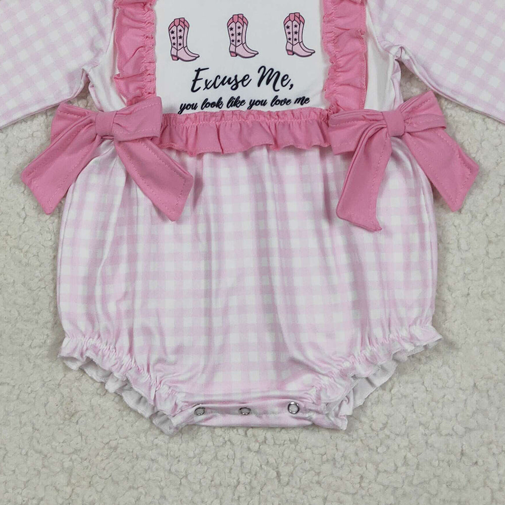 LR2190RTS NO MOQ Baby Girls Winter Rompers Baby Infant Girls Pink Plaid Boots Bows Rompers