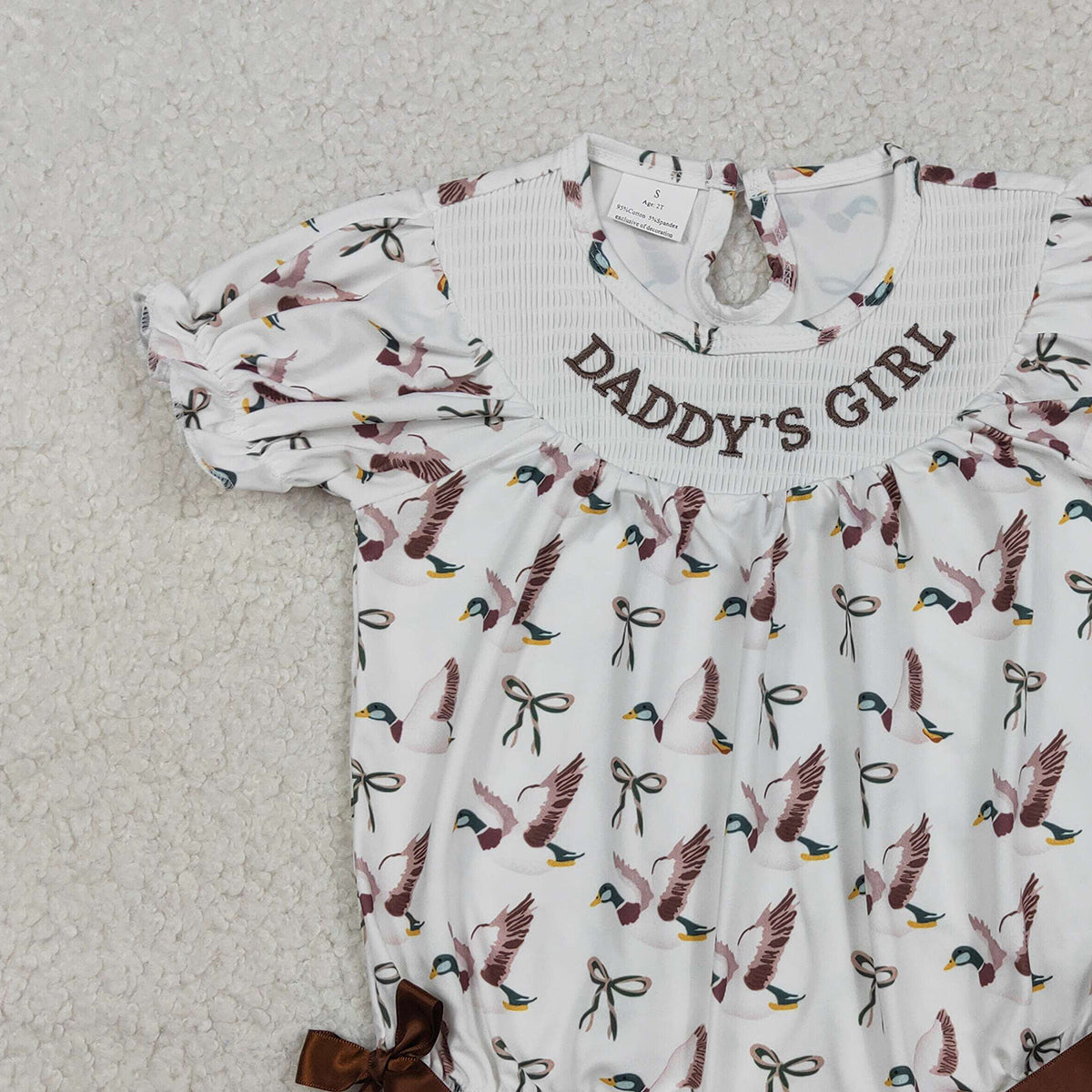 12.16 RTS NO MOQ （In stock）SR3346 Baby Girls Summer Rompers Smocked Daddy's Girl Baby Girls Bows Ducks Hunting Ruffle Rompers