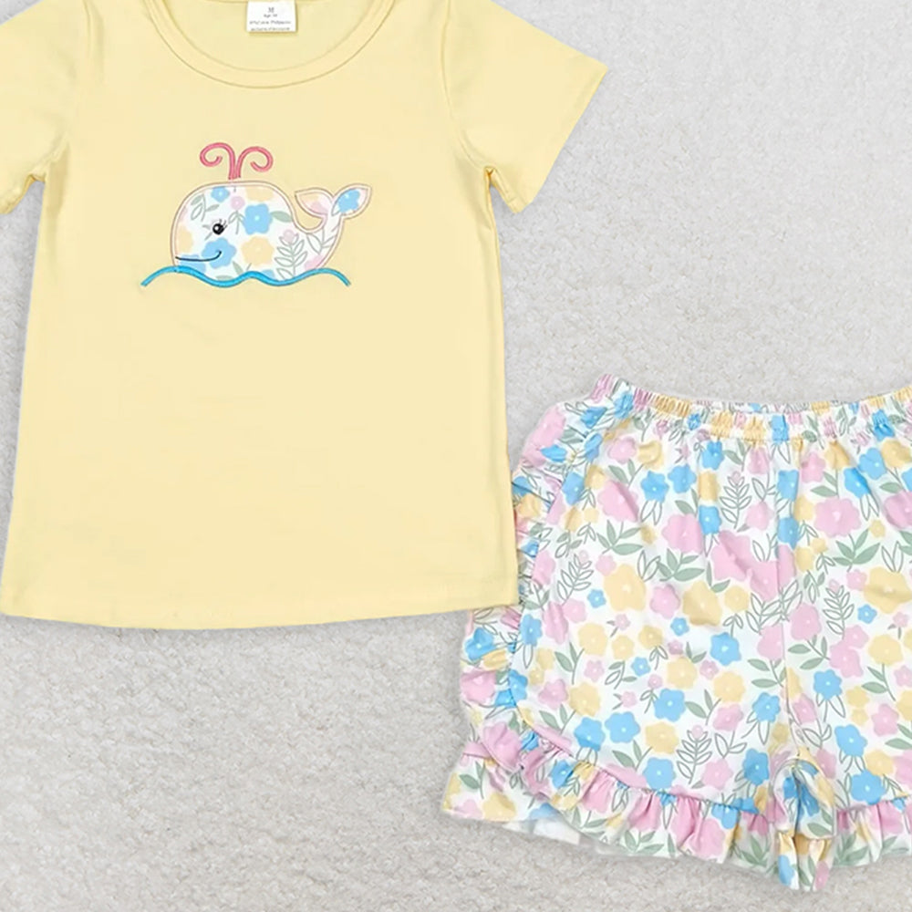 GSSO0765RTS NO MOQ Baby Girls Summer Outfits  Embroidered flower whale yellow short-sleeved shorts set