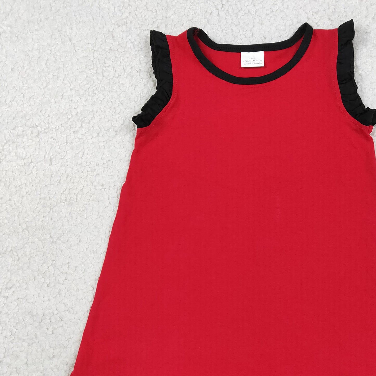 GSD4057 RTS NO MOQ （In stock）Black scallop ruffle sleeveless red girls cotton team dress
