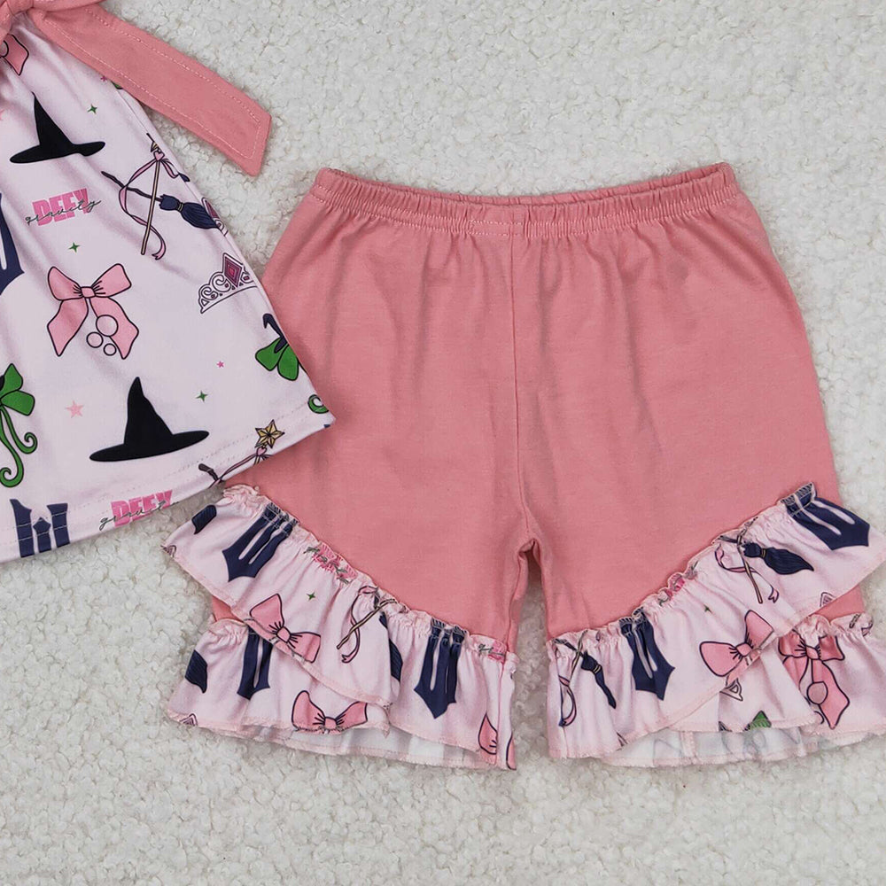 4.17 GSSO2006 RTS NO MOQ Cartoon witch hat crown pink lace bow pattern flying sleeve shorts suit