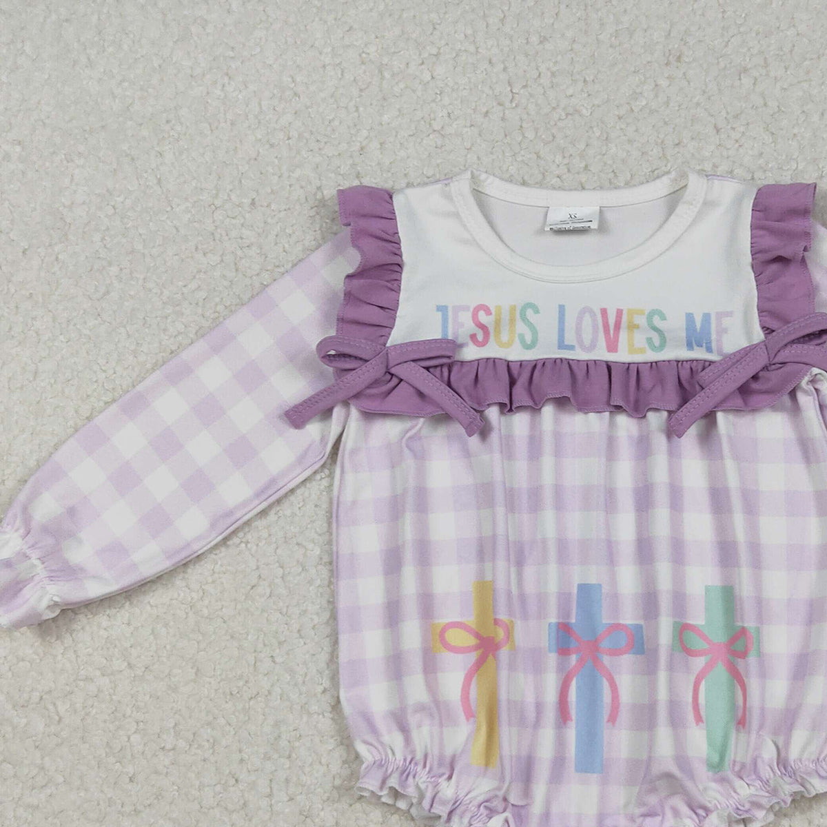 10.17 RTS NO MOQ （In stock）LR2740 Baby Girls Winter Rompers Baby Girls Lavender Checked Jesus Love Me Cross Ruffle Rompers
