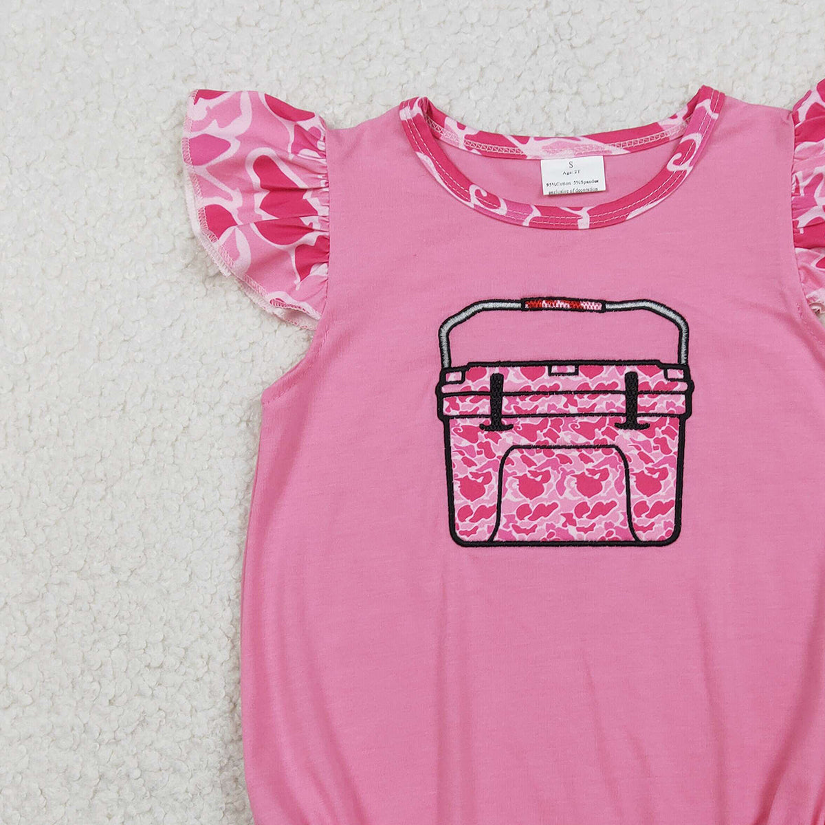 1.19 RTS NO MOQ （In stock）SR3762 Embroidery Pink Camo Boxes Baby Girls Hunting Ruffle Rompers