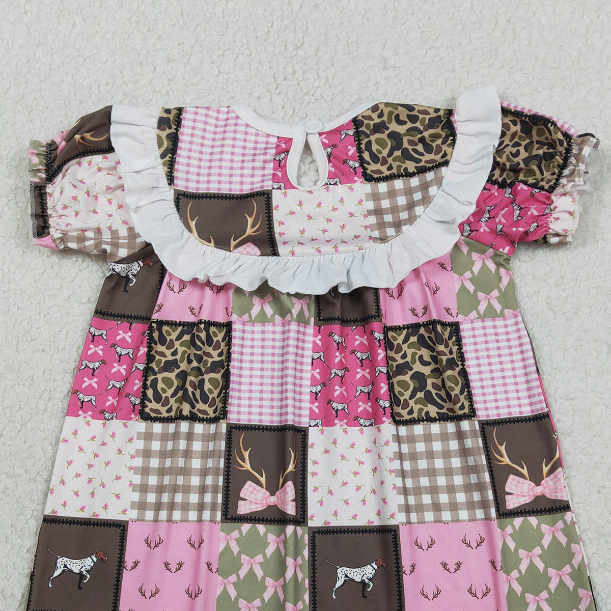 1.27 RTS NO MOQ （In stock）GSD3484 Smocked Daddy's Girls Deer Dogs Bows Checked Hunting Knee Length Dresses