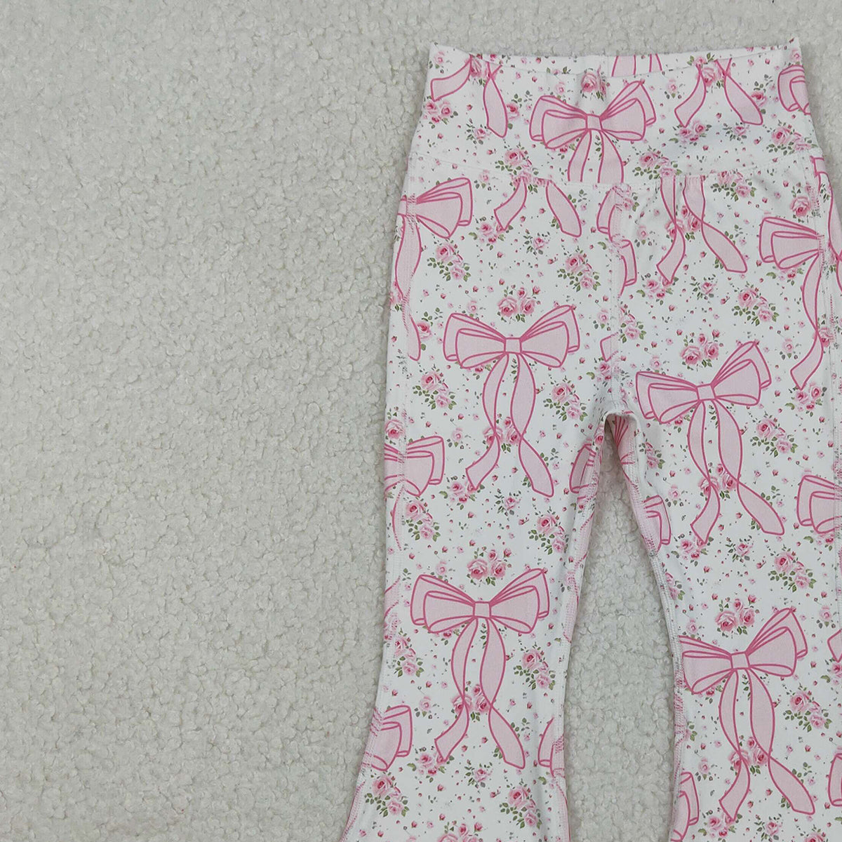 10.13 RTS NO MOQ （In stock）P0773 Baby Girls Pants Baby Girls Pink Floral Bows Bell Bottom Yoga Active Pants