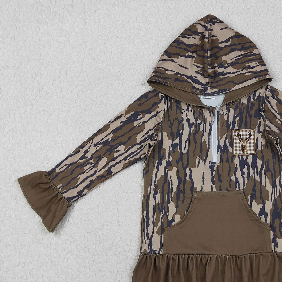 11.11 RTS NO MOQ （In stock）GT1135 Embroidery Deer Baby Girls Olive Camo Pocket Zipper Hunting Hoodies Top