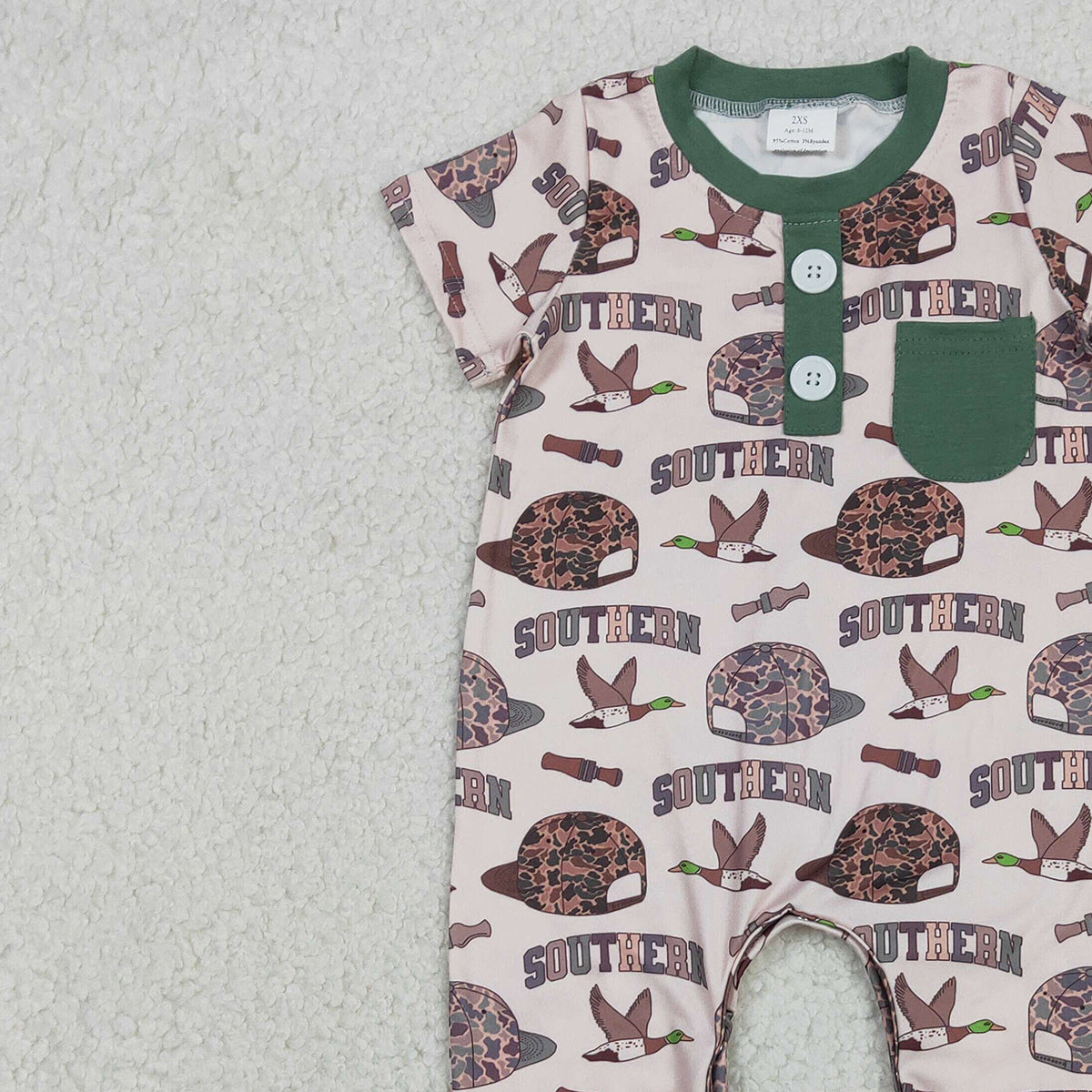 12.6 RTS NO MOQ （In stock）SR3245 Baby Boys Rompers Baby Boys Camo Hats Ducks Button Pocket Southern Footie Rompers