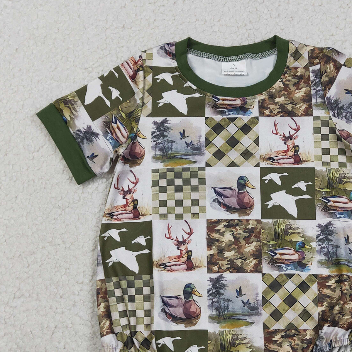 3.17 RTS NO MOQ （In stock）SR3837 Children's Fashion Romper Baby Boys Short Sleeve Deer Ducks Checked Hunting Rompers