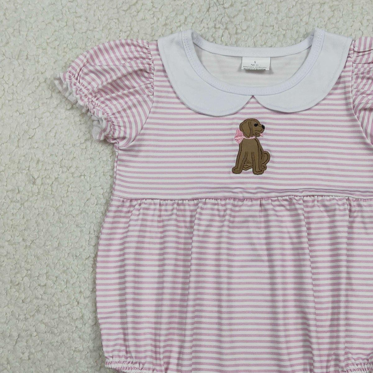 1.23 RTS NO MOQ （In stock）SR3476 Embroidery Bow Dogs Baby Girls Pink Stripe Collar Ruffle Rompers
