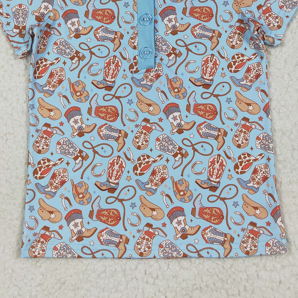 8.18   BT1256 RTS NO MOQ Baby Boys Summer Tops  Baby Boys Blue Short Sleeves Hats Boots Button Pullovers Shirts Top