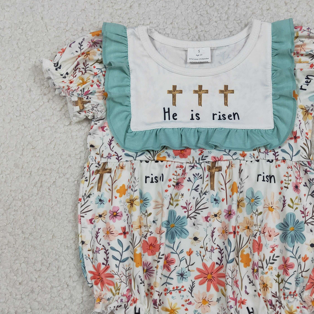 1.21 RTS NO MOQ （In stock）SR3861 Baby Girls Crosses He is Risen Flowers Easter Ruffle Rompers