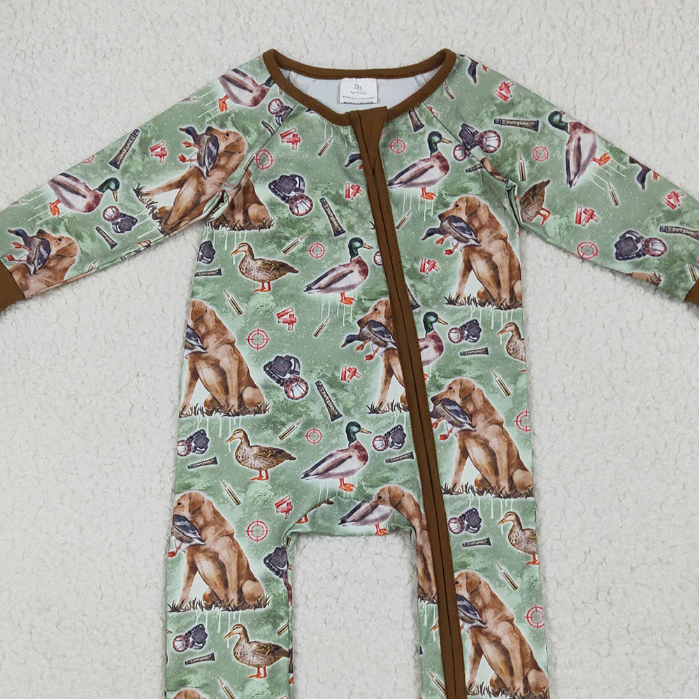 RTS NO MOQ （In stock）LR2234 Baby Boys Winter Rompers Baby Boys Green Dog Ducks Hunting Zipper Footie Rompers