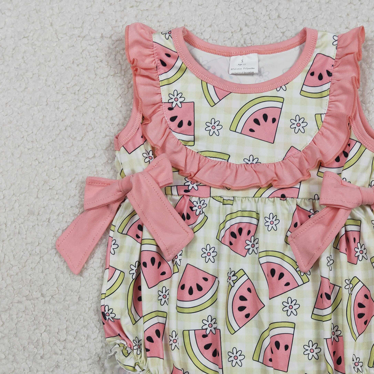 3.3 RTS NO MOQ （In stock）SR3920 Children's Fashion Romper Baby Girls Sleeveless Green Checked Watermelons Ruffle Rompers