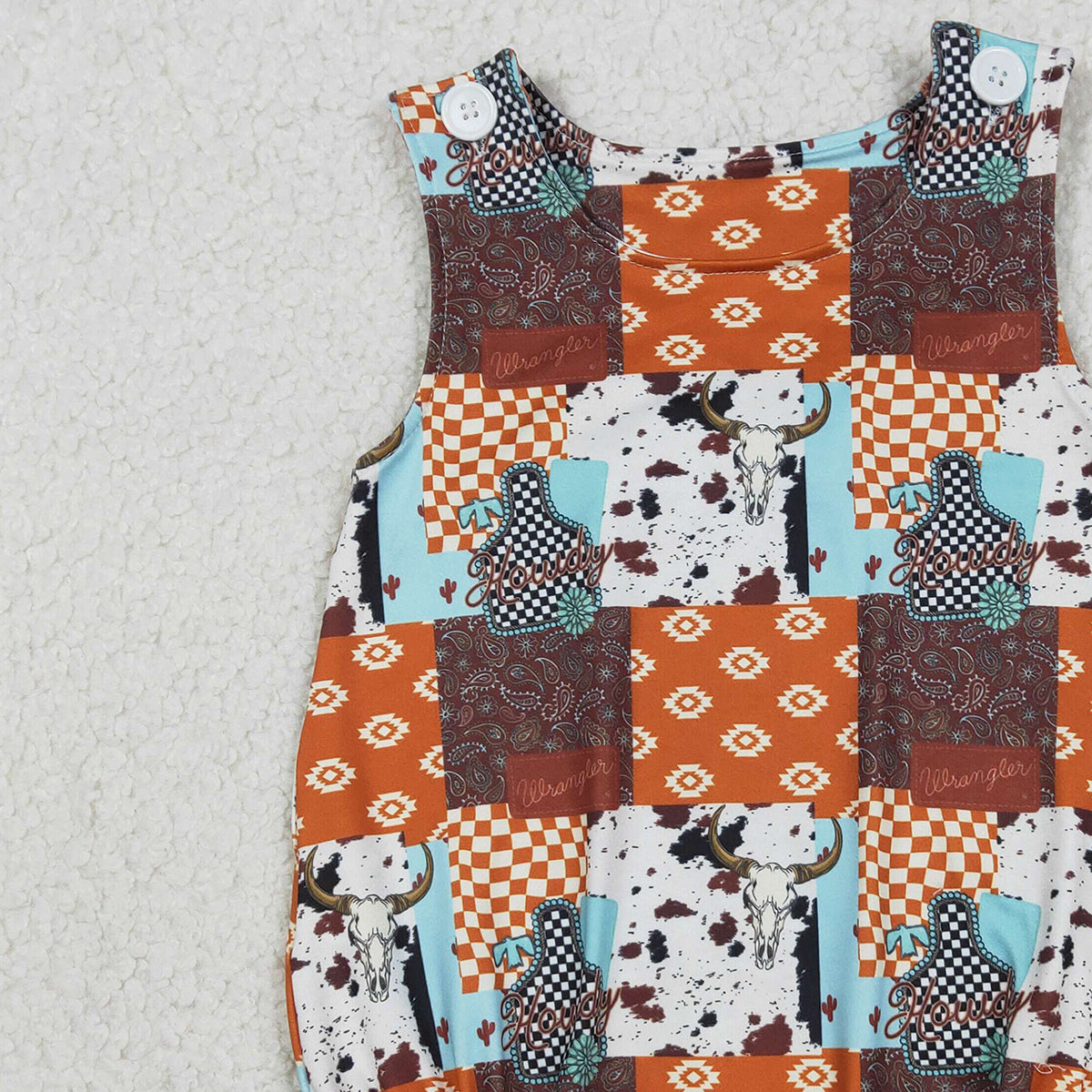 1.9 RTS NO MOQ （In stock）SR3773 Baby Boys Rompers Baby Boys Sleeveless Aztec Bull Skulls Checked Western Rompers