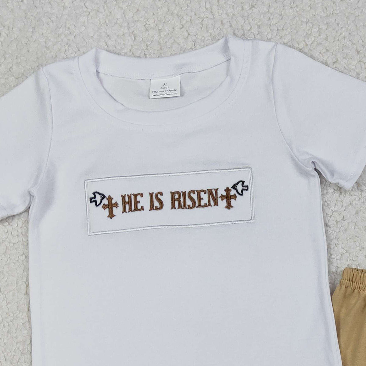 12.24 RTS NO MOQ （In stock）BSSO1674 Embroidery Crosses He is Risen Baby Boys Top Shorts Easter Clothes Sets