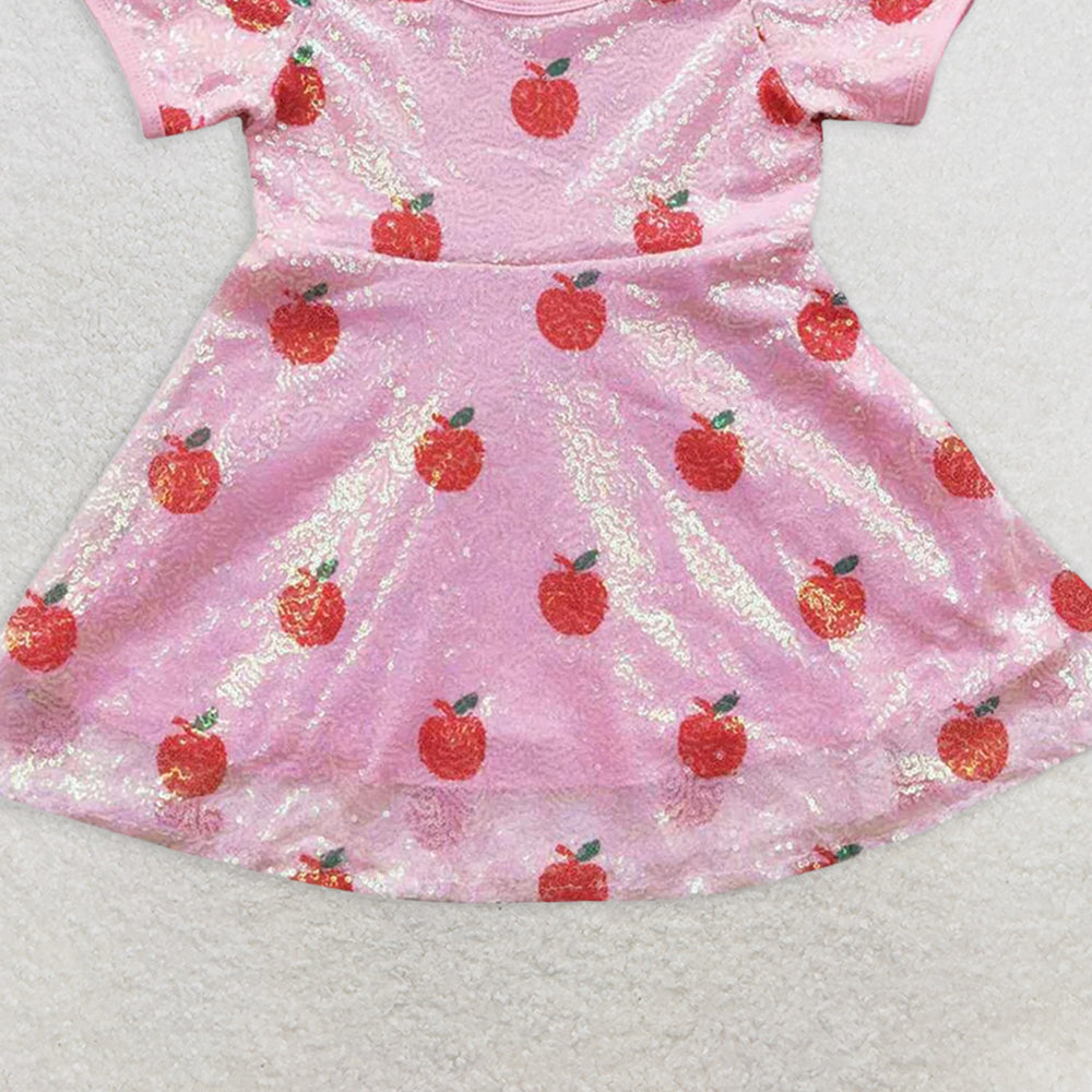 GSD0437 RTS NO MOQ Children Clothes Girls  Kids Dress Red Apple Sequin Pink Short Sleeve Dress