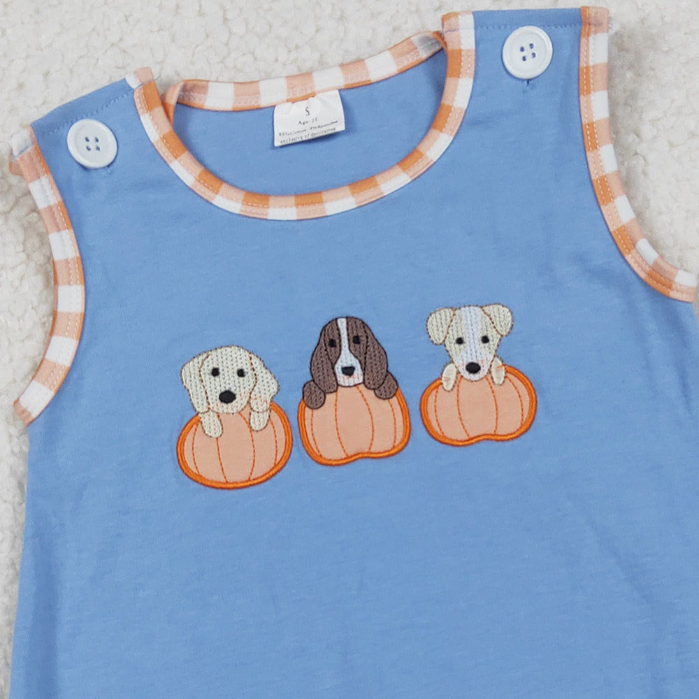 RTS NO MOQ （In stock）SR3190 Baby Boys Summer Rompers Embroidery Dogs Pumpkins Blue Sleeveless Fall Rompers