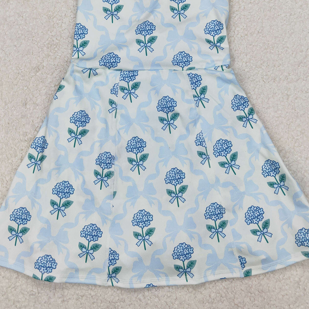 GSD1944 RTS NO MOQ Baby Girls Summer Yoga Dress Sleeveless light blue bow floral baby girls athletic dresses
