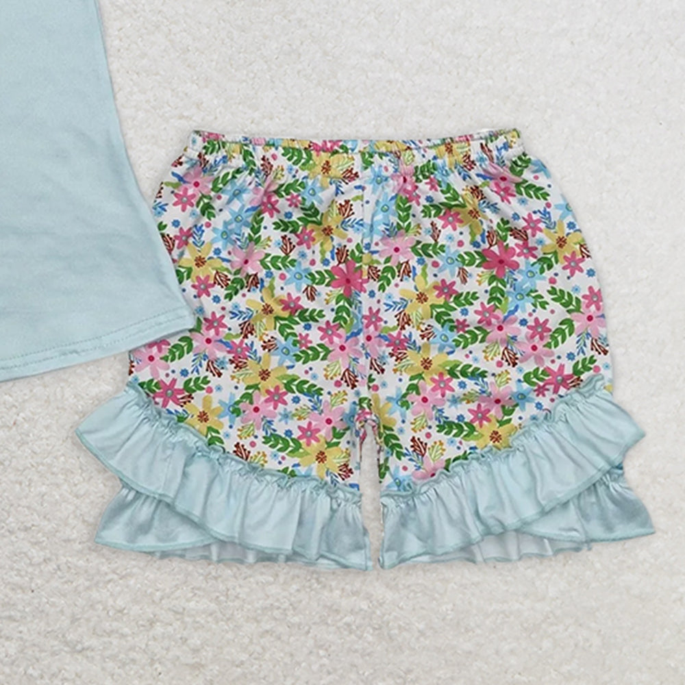 GSSO1643 RTS NO MOQ Baby Girls Summer Outfits  Short sleeves floral train top ruffle shorts girls clothes
