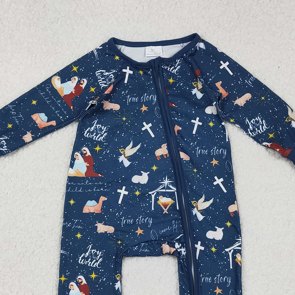RTS NO MOQ （In stock）LR2504 Baby Boys Winter Rompers Blue Long Sleeve Cross Nativity Baby Christmas Zip Romper for Infants Boy