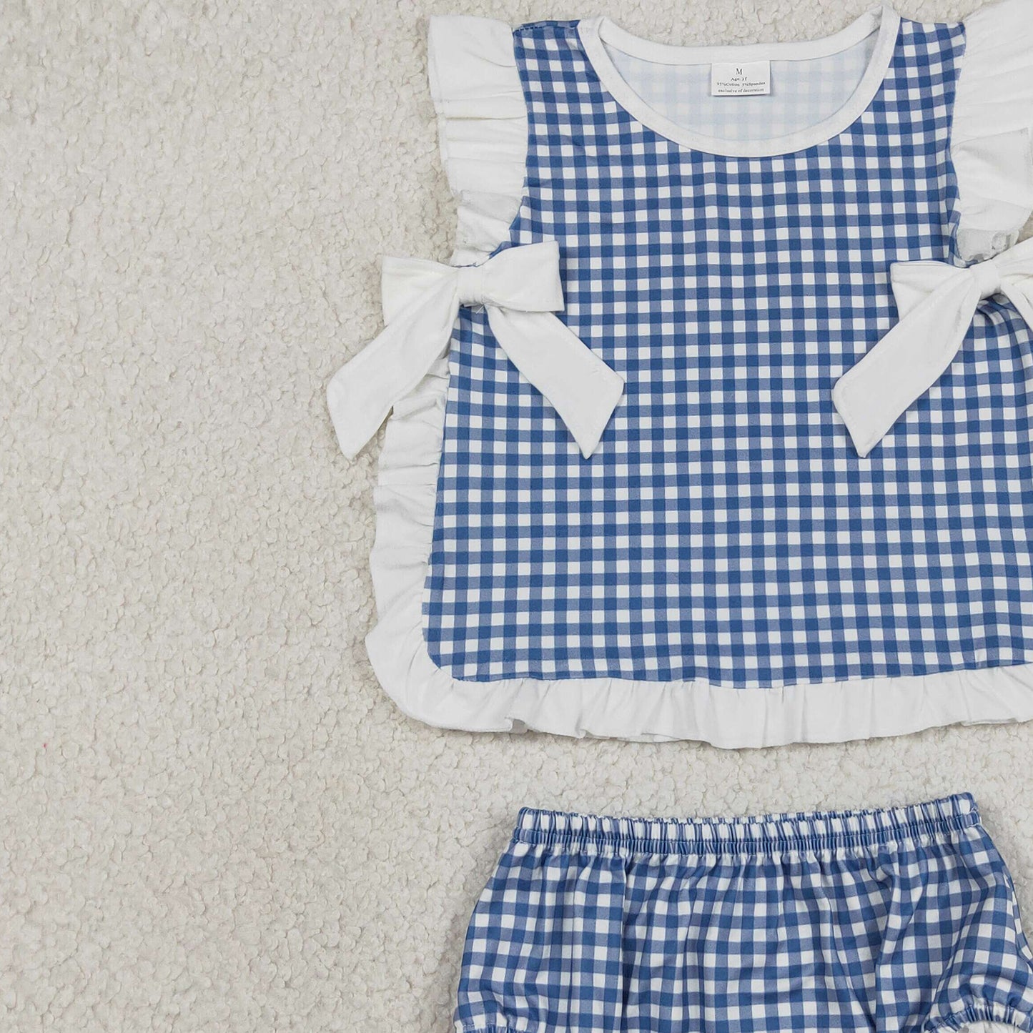 GBO0528 RTS NO MOQ （In stock）Ruffle bow blue plaid baby girls summer bummies set