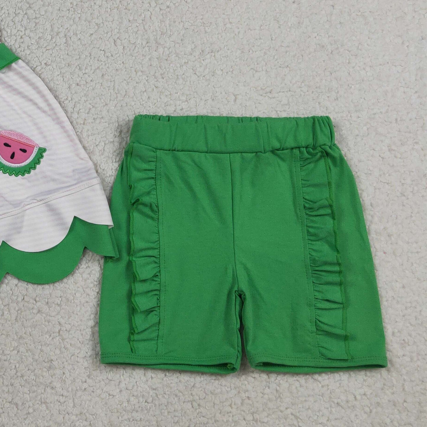 GSSO3164 RTS NO MOQ （In stock）Pink stripe watermelon scallop tunic ruffle shorts girls outfits