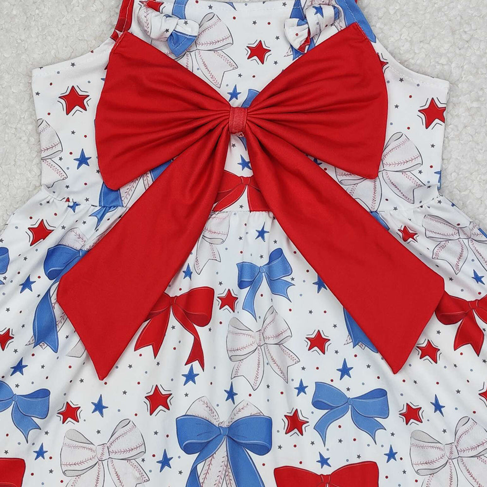 GSD1866Baby Girls Straps Dresses Red Blue Baseball Bow Cute Fashionable Kids Clothing