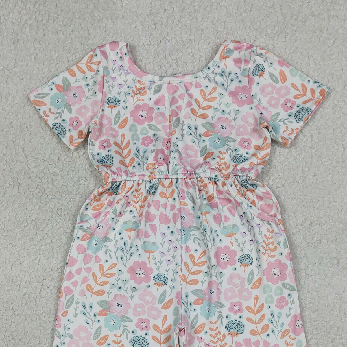 4.7 SR3987 RTS NO MOQ （In stock) Short sleeves pink floral pockets kids girls jumpsuit