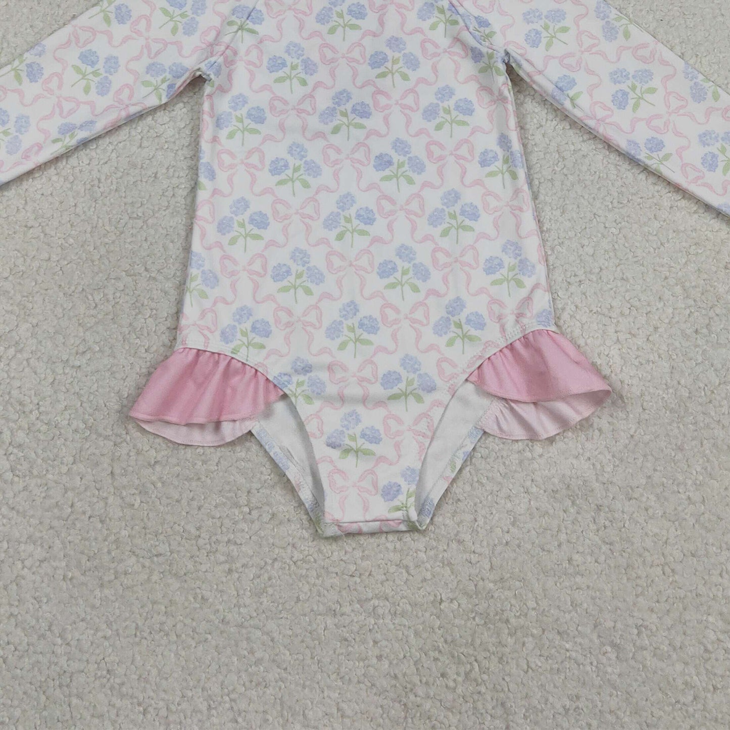 S0655 RTS NO MOQ （In stock ）Long sleeves bow floral baby girls one piece swimsuit