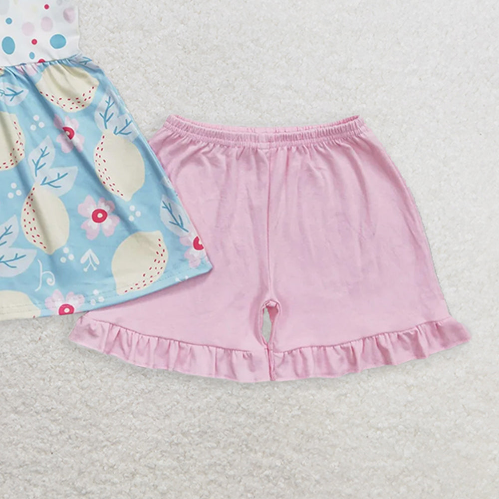 GSSO1133 RTS NO MOQ  Baby Girls Summer OutfitsLemon flower sleeveless pink shorts set
