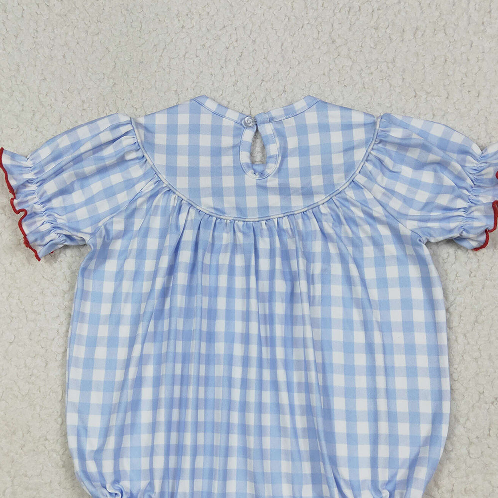 SR2981 RTS NO MOQ Baby Girls Summer Rompers Short sleeves blue plaid cow pig chicken baby girls romper