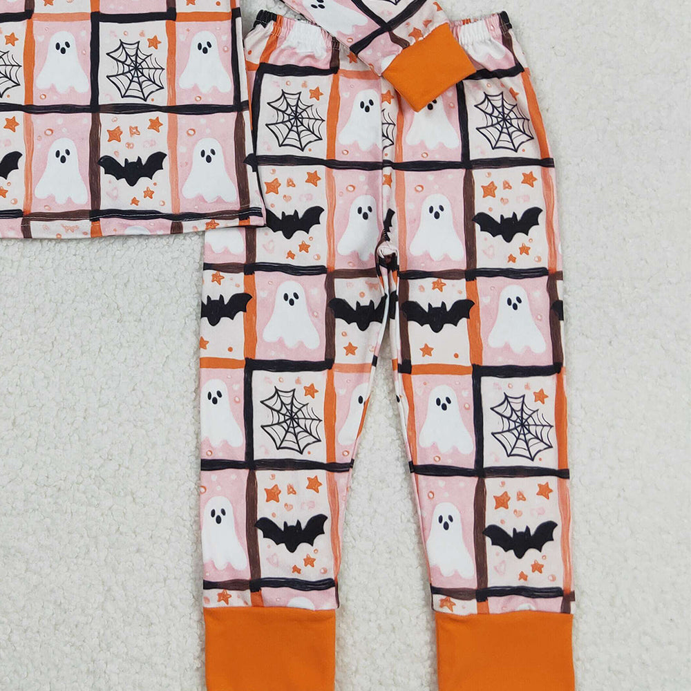 RTS NO MOQ （In stock）GLP2682 Baby Girls Winter Outfits Ghosts Bats Plaid Top Pants Halloween Pajamas Set