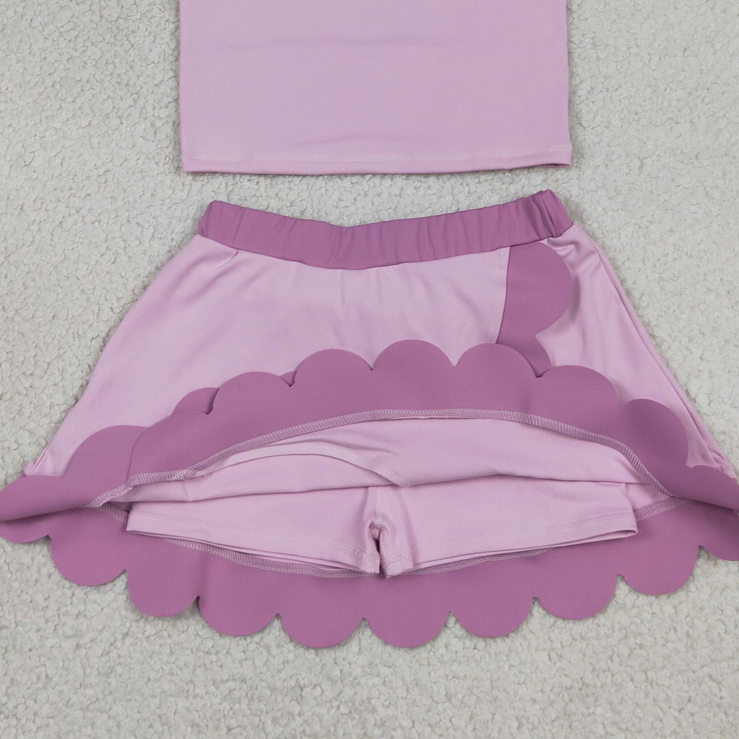 GSD4085 RTS NO MOQ （In stock）Pink scallop princess girls summer active wear set