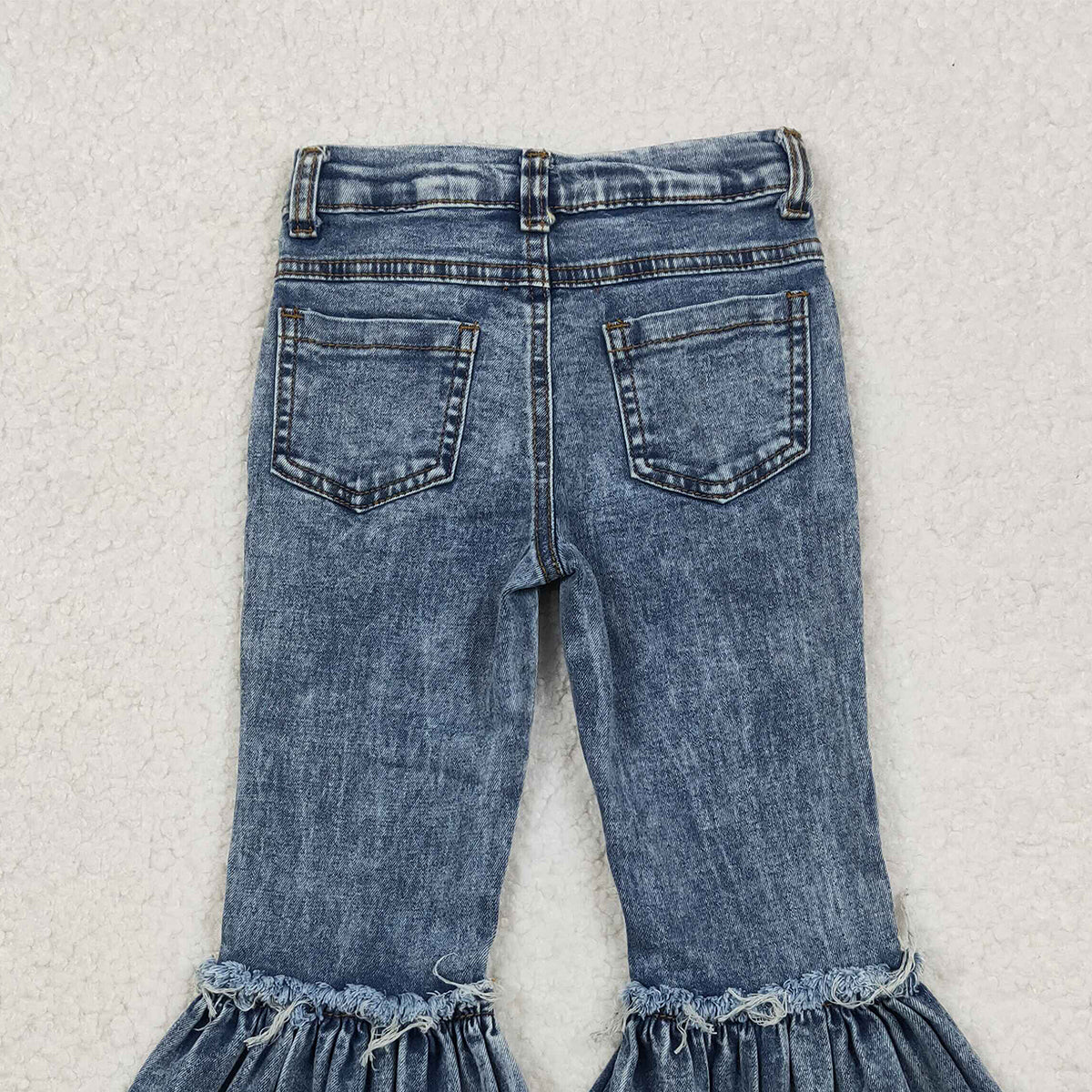 10.28 RTS NO MOQ （In stock）P0676 Baby Girls Denim Pants Baby Girls Navy Bleached Denim Flare Pants Jeans
